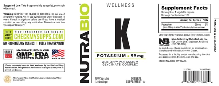NutraBio Potassium Complex serving info; per-pack dosage supports daily use.