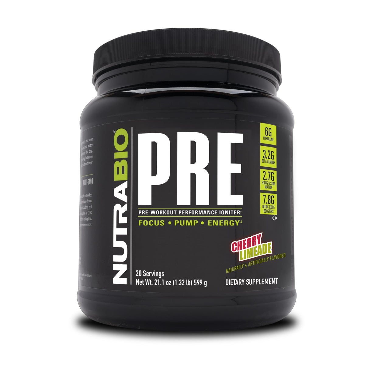 NutraBio PRE Workout old formula bottle with cherry limeade for sustained energy during training.