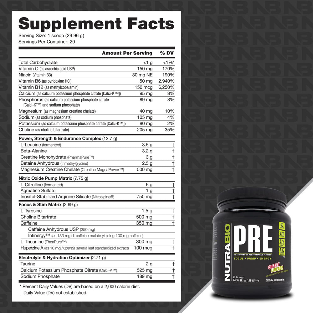 NutraBio PRE Workout old formula tub reveals balanced blend for better focus mid-workout.