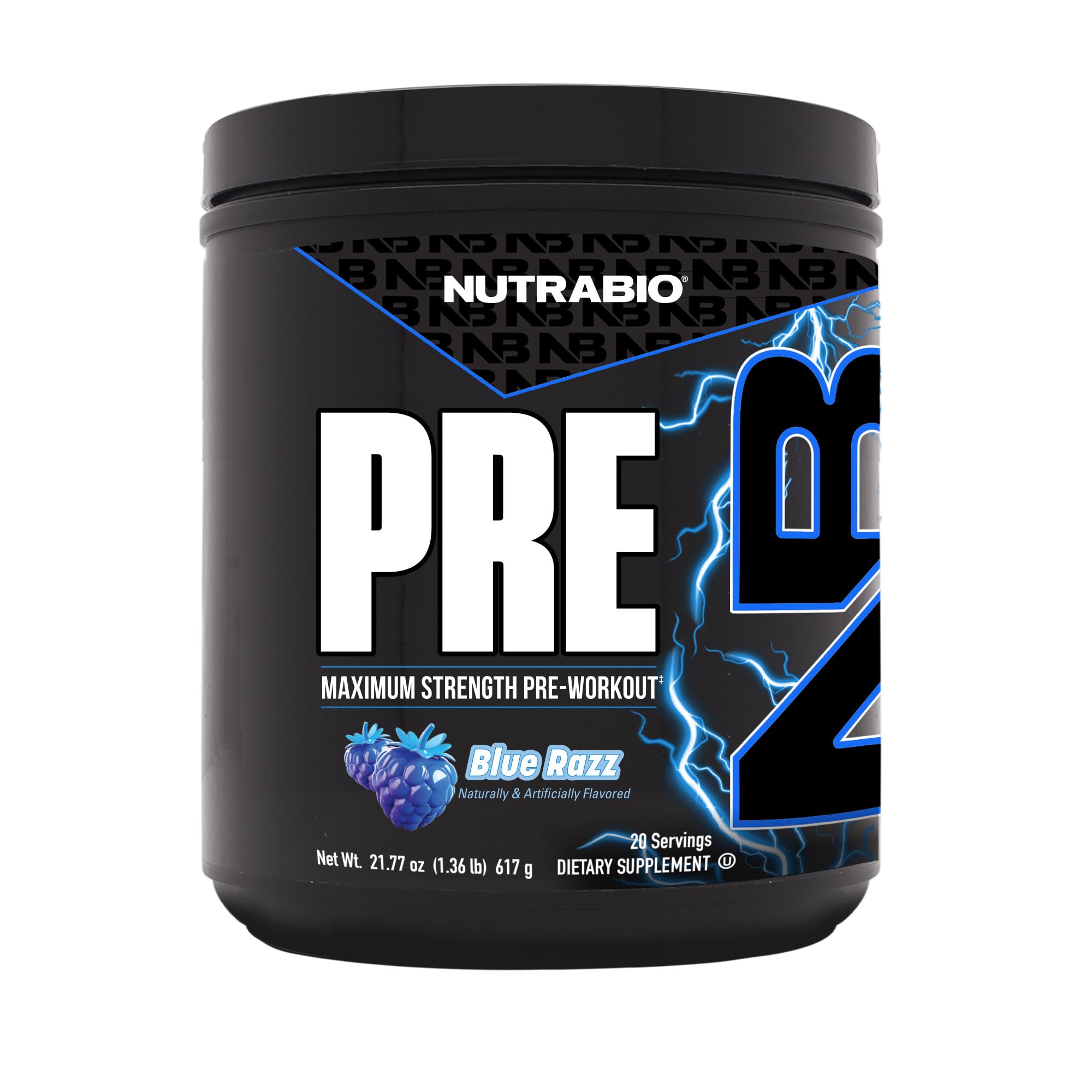 NutraBio Preworkout Blue Razz bottle ready for energized workouts