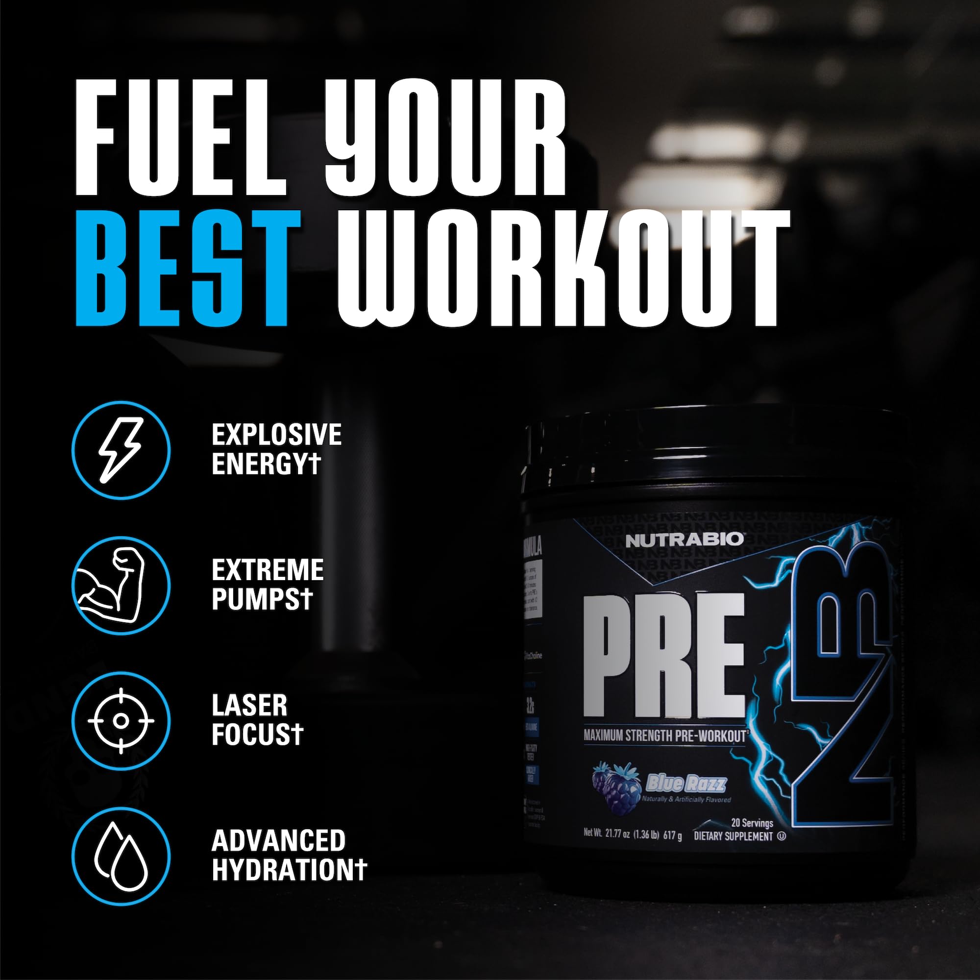 NutraBio Preworkout Blue Razz powder shown for quick pre-workout energy