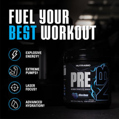 NutraBio Preworkout Blue Razz powder shown for quick pre-workout energy