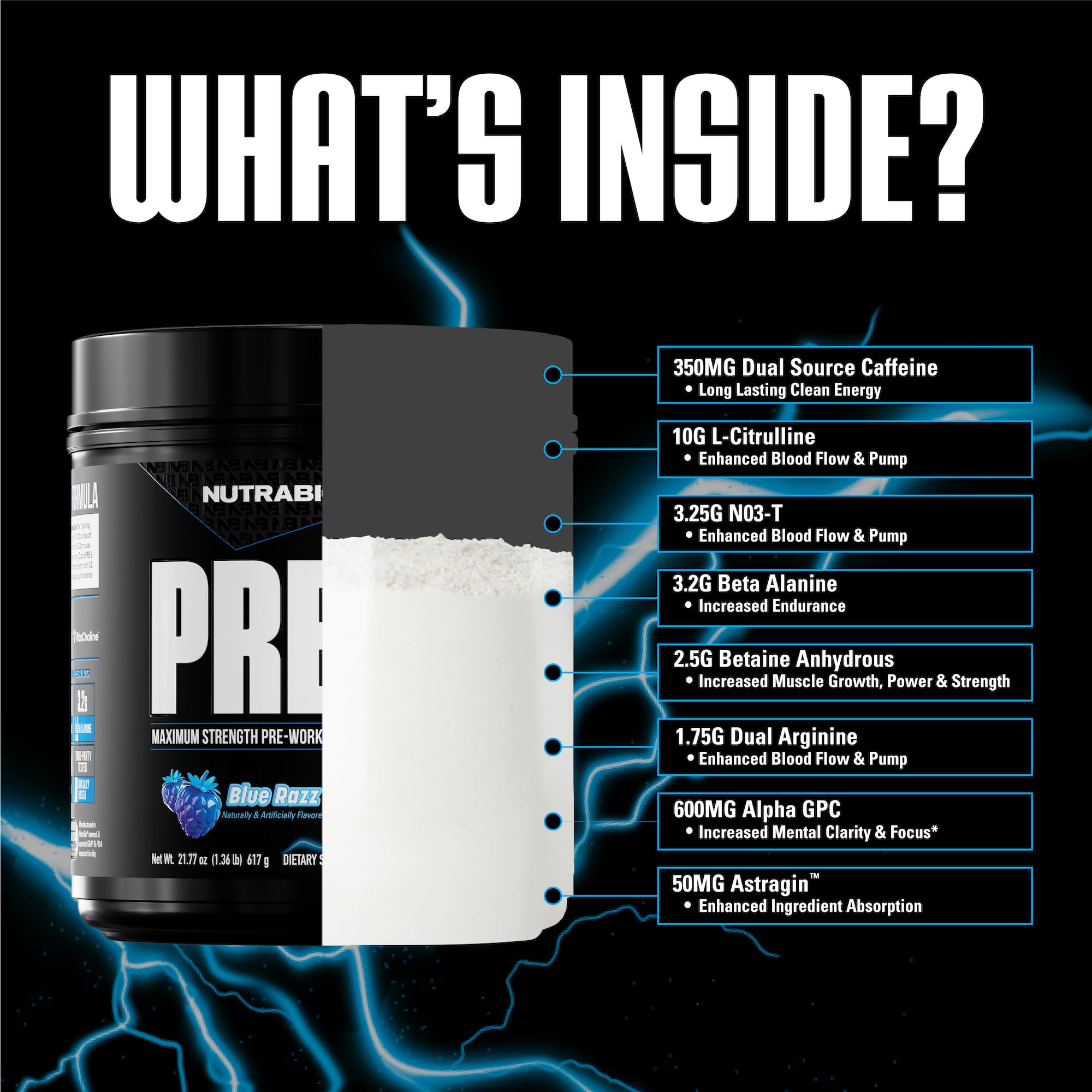 NutraBio Preworkout Blue Razz scoop measuring the serving