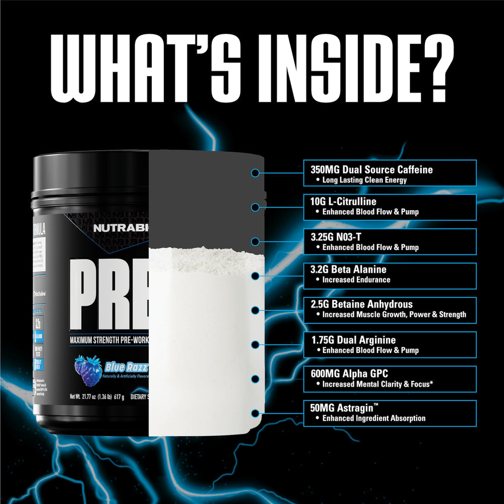 NutraBio Preworkout Blue Razz scoop measuring the serving
