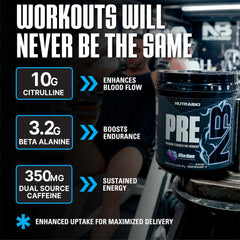 NutraBio Preworkout Blue Razz tub label showing ingredients and logo