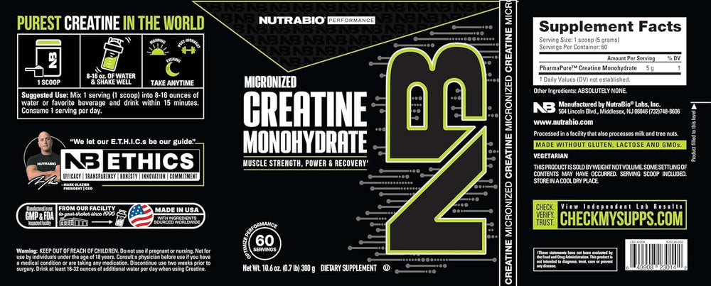 NutraBio creatine bottle on shelf signaling quality, purity, and versatility for athletes.