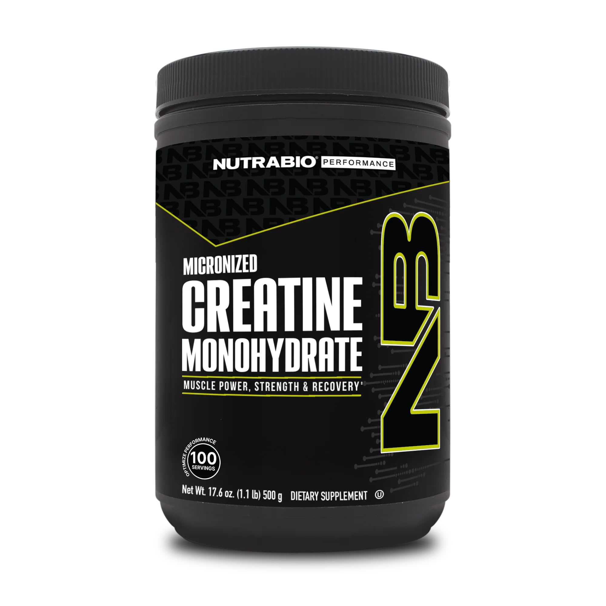 NutraBio Pure Creatine Monohydrate bottle label emphasizing purity and testing for reliable workouts