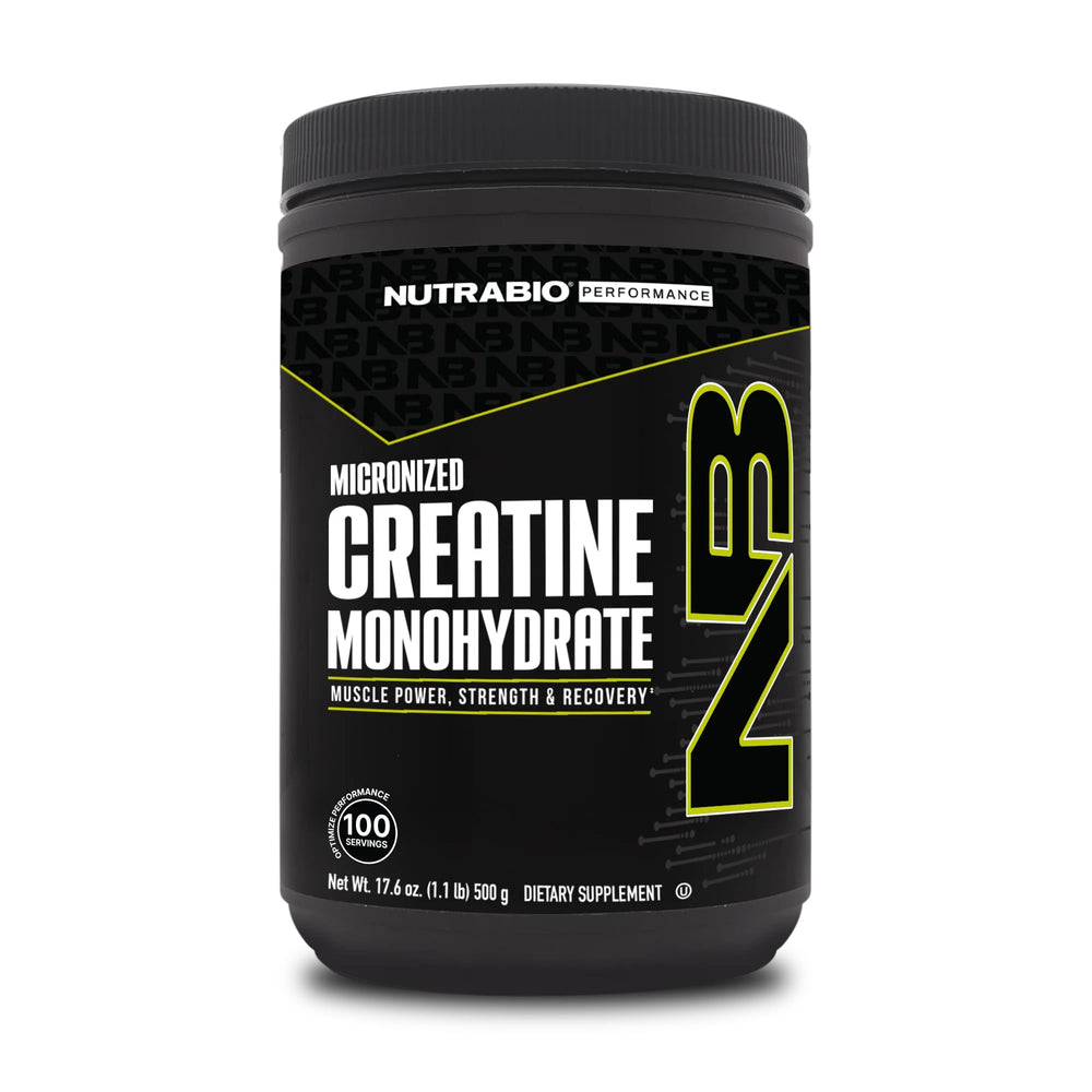 NutraBio Pure Creatine Monohydrate bottle label emphasizing purity and testing for reliable workouts