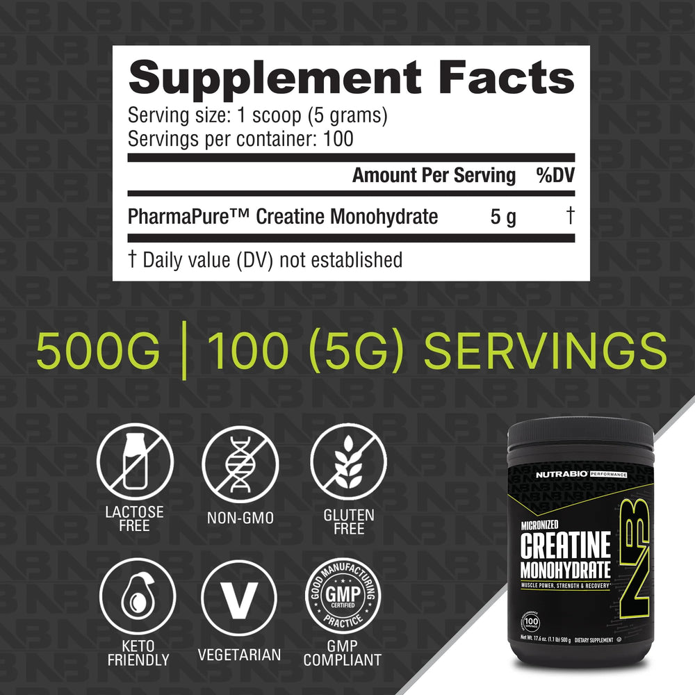 NutraBio Pure Creatine Monohydrate powder scoop showing easy post‑workout dosing