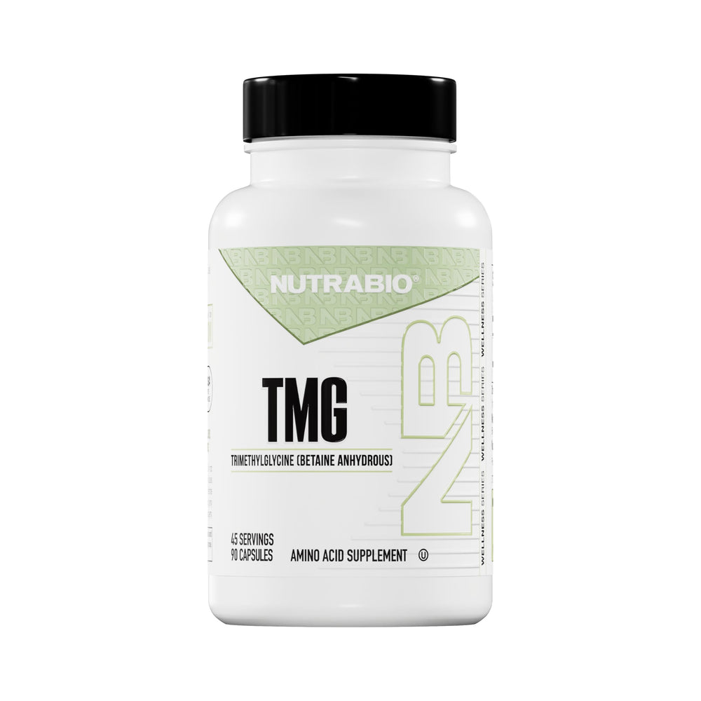 NutraBio TMG bottle label closeup highlighting kosher, halal, and gluten-free features.