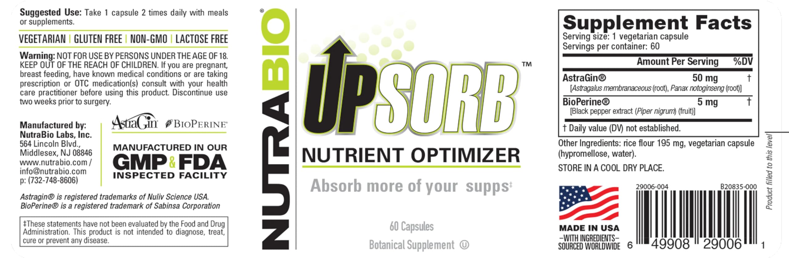 NutraBio UpSorb bottle with label featuring AstraGin and BioPerine for absorption