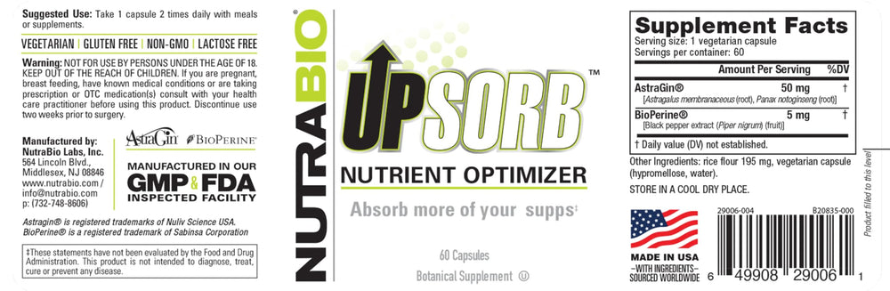 Back of UpSorb label shows AstraGin and BioPerine synergy