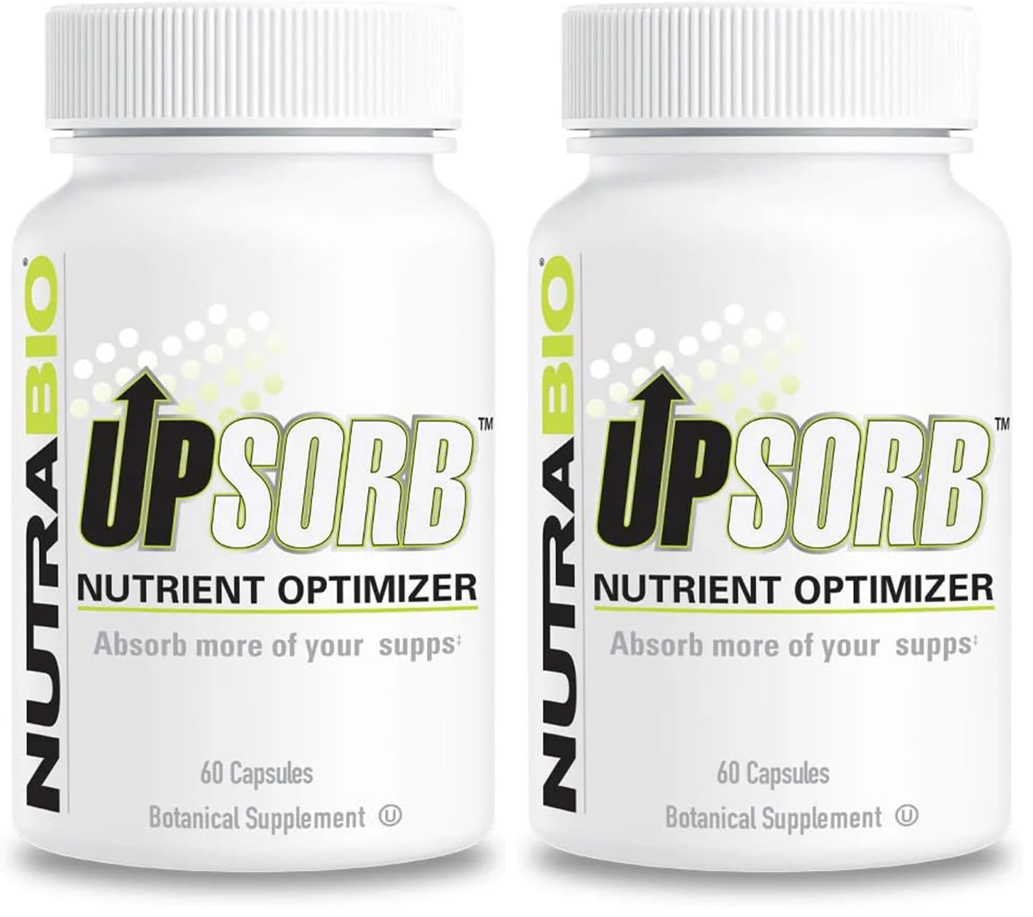 NutraBio UpSorb two-pack bottles on counter highlighting enhanced nutrient absorption