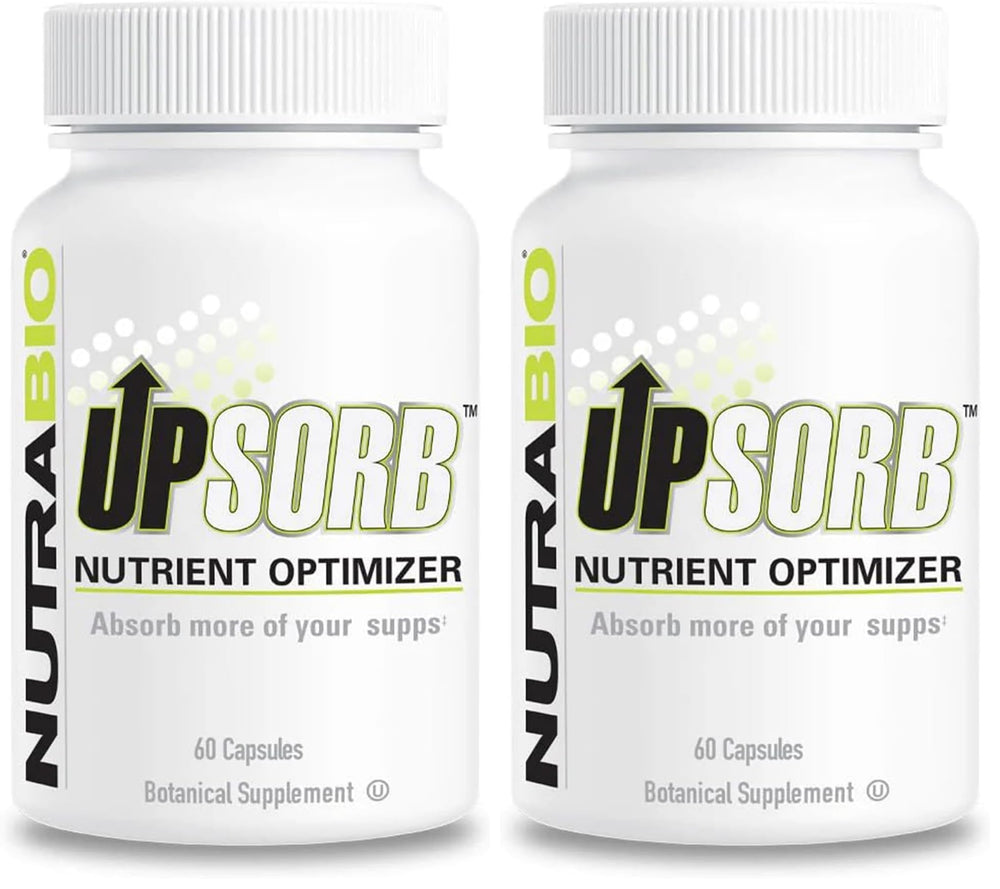 NutraBio UpSorb two-pack bottles on counter highlighting enhanced nutrient absorption