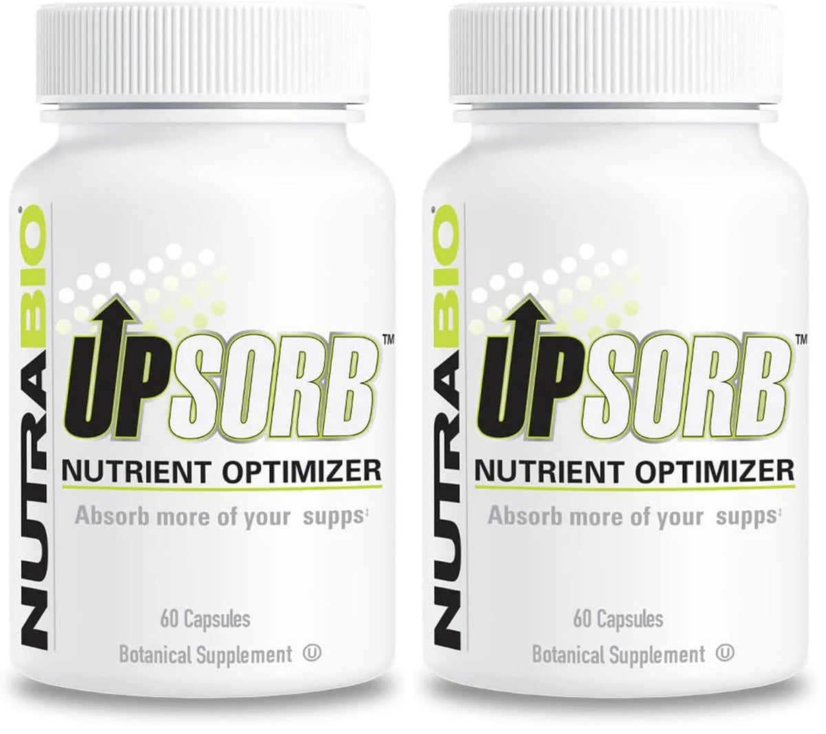 NutraBio UpSorb two-pack bottles on counter highlighting enhanced nutrient absorption