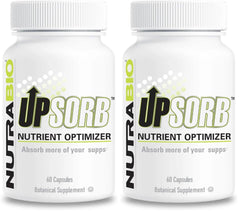 NutraBio UpSorb two-pack bottles on counter highlighting enhanced nutrient absorption