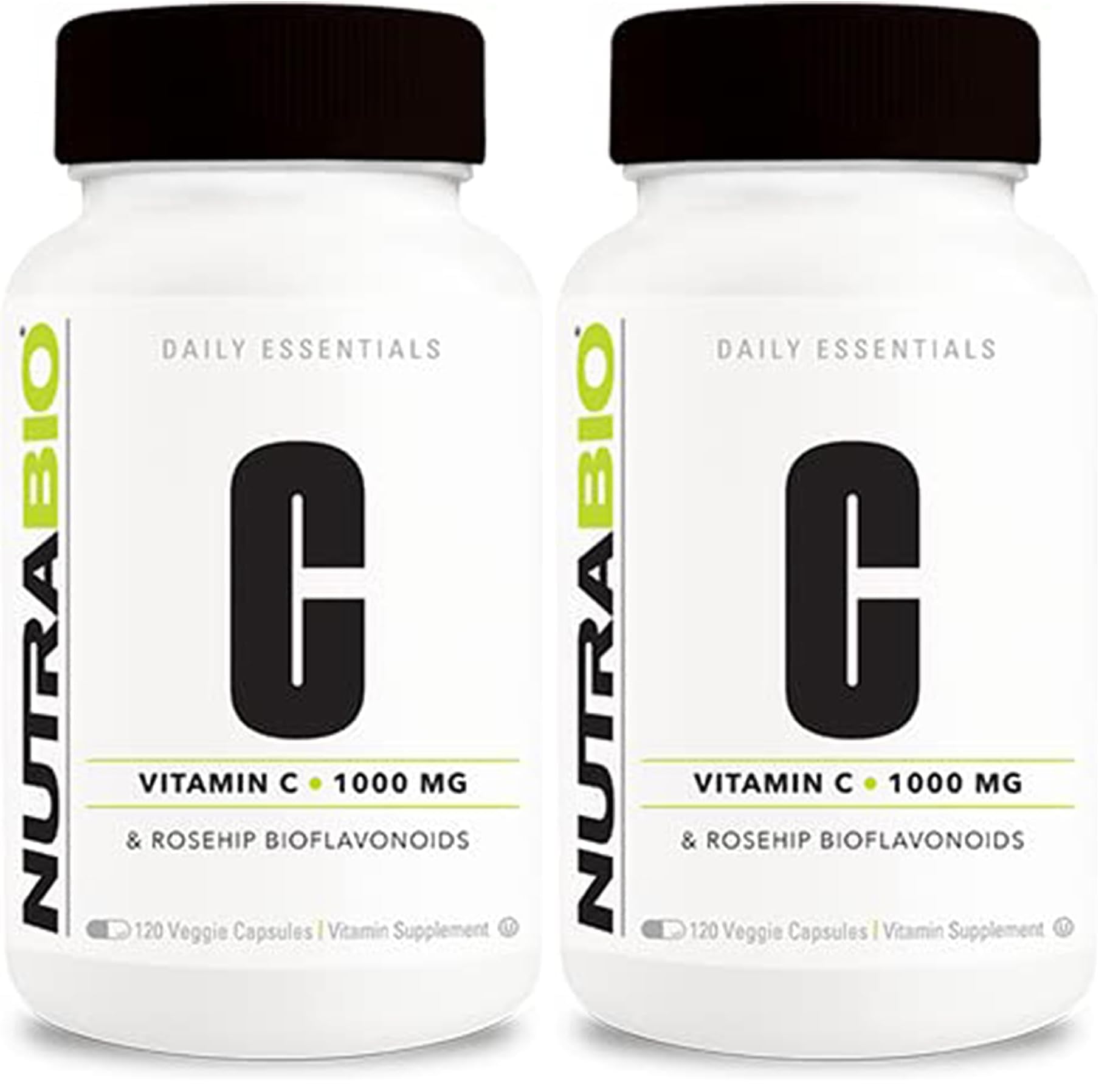 NutraBio Vitamin C with Rose HIPS bottle showing high potency capsules for daily support.