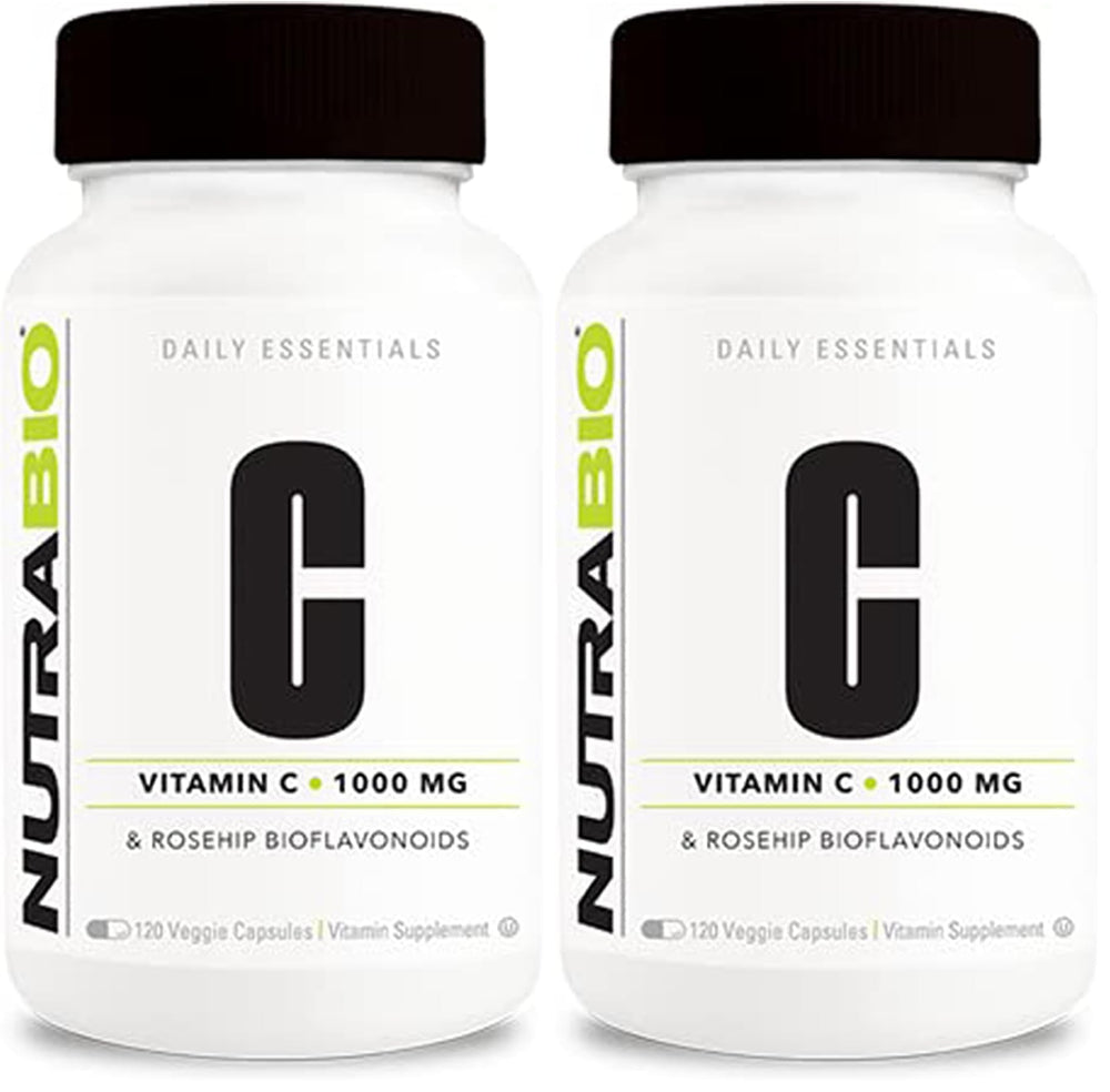 NutraBio Vitamin C with Rose HIPS bottle showing high potency capsules for daily support.