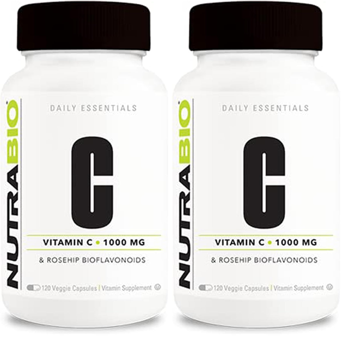 NutraBio Vitamin C with Rose HIPS bottle showing high potency capsules for daily support.