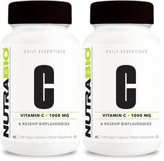 NutraBio Vitamin C with Rose HIPS bottle showing high potency capsules for daily support.