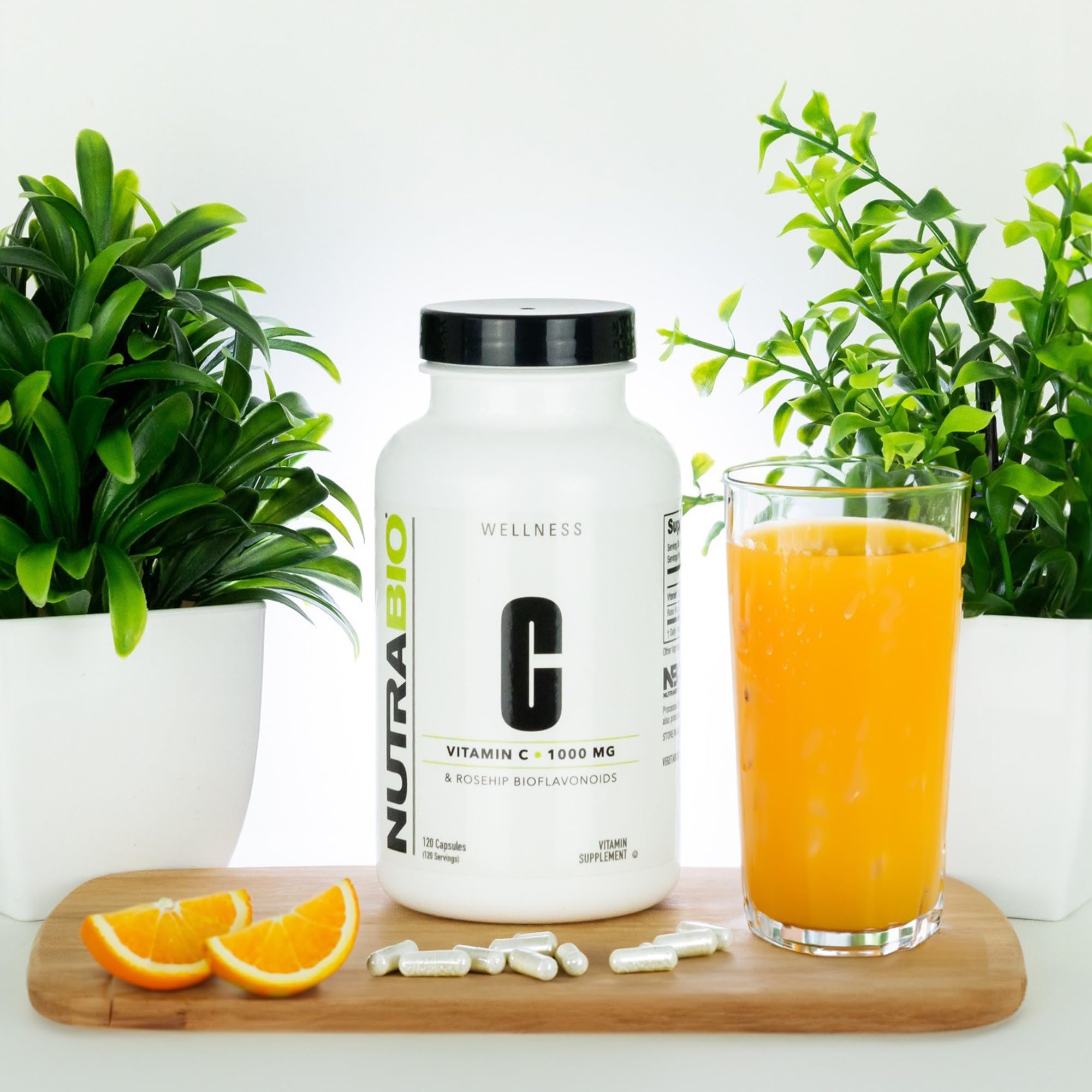Close-up of NutraBio Vitamin C capsules with Rose Hips highlighting natural vitamin C.