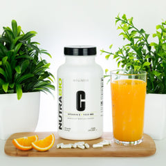 Close-up of NutraBio Vitamin C capsules with Rose Hips highlighting natural vitamin C.