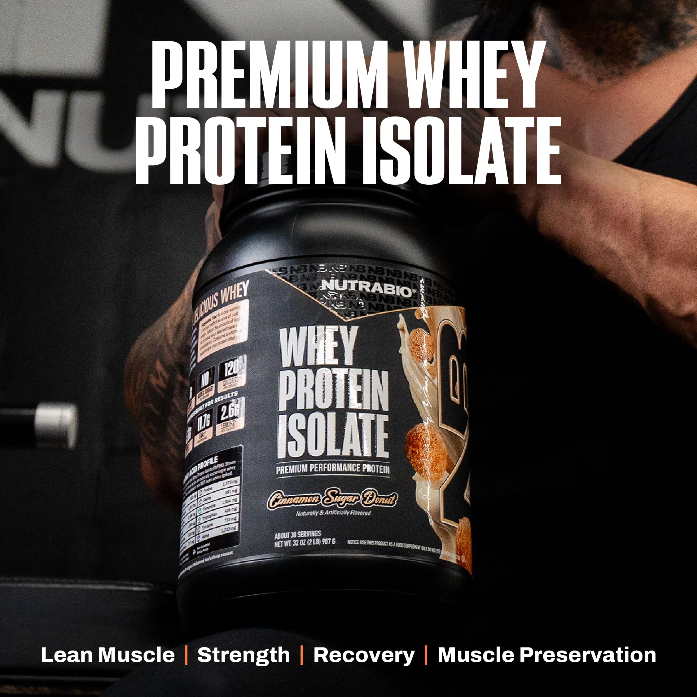 NutraBio 2-lb tub emphasizes premium protein source for workouts.