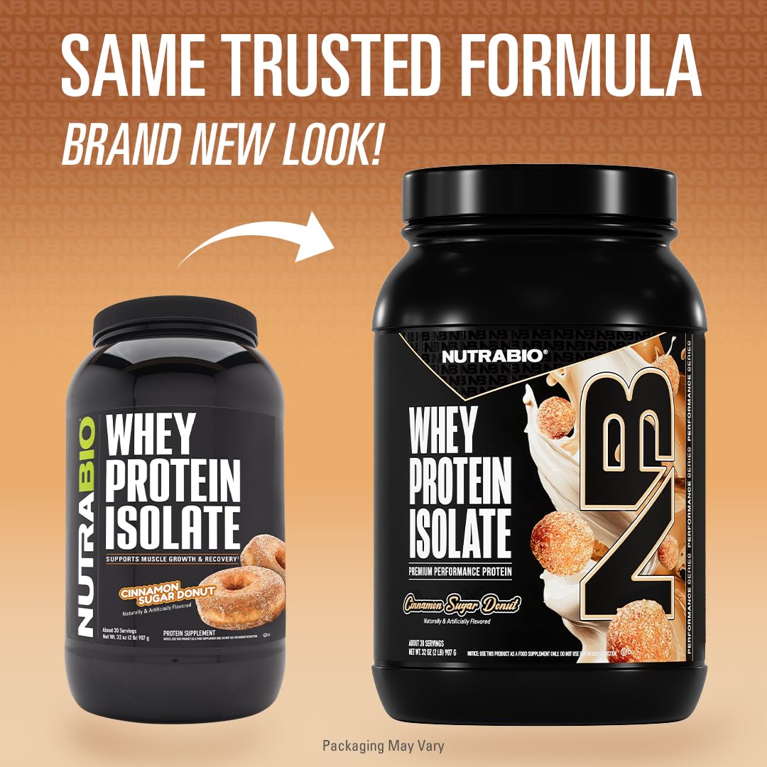 NutraBio Whey Isolate Cinnamon Sugar Donut scoop highlights serving size for protein intake.