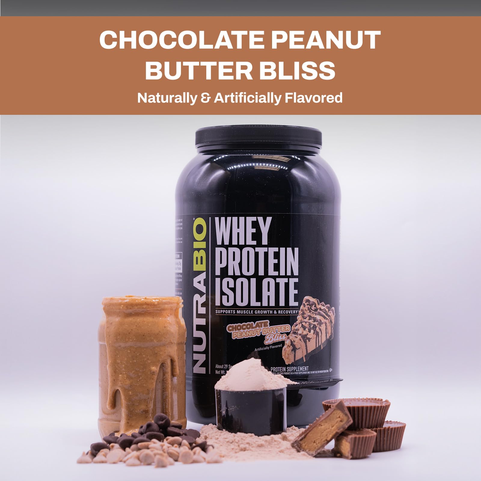 NutraBio Whey Protein Isolate flavor chocolate peanut butter invites indulgent protein shakes.