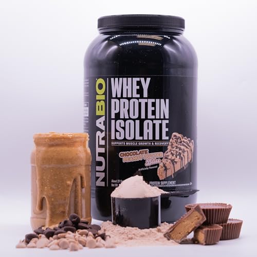 NutraBio Whey Protein Isolate non-GMO gluten-free badge reinforces dietary confidence.