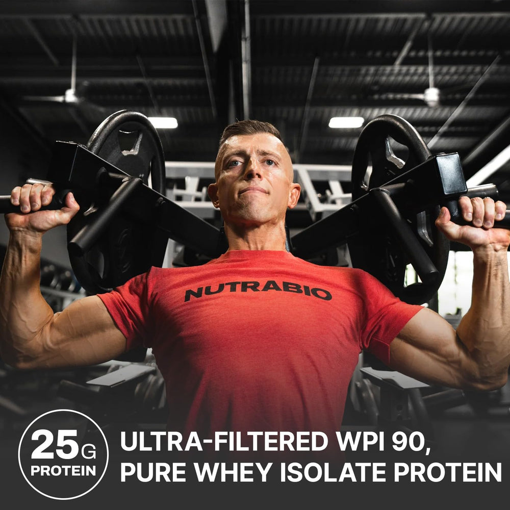 NutraBio Whey Protein Isolate shake glass highlights easy mixing after workouts.