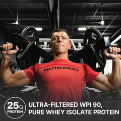 NutraBio Whey Protein Isolate shake glass highlights easy mixing after workouts.