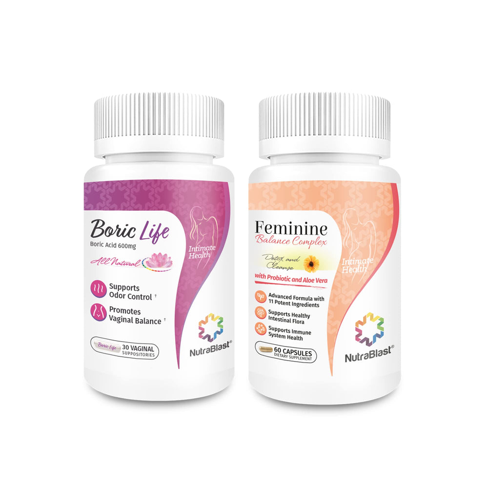 Nutrablast boric acid suppositories 600mg packaging promotes convenient vaginal care.