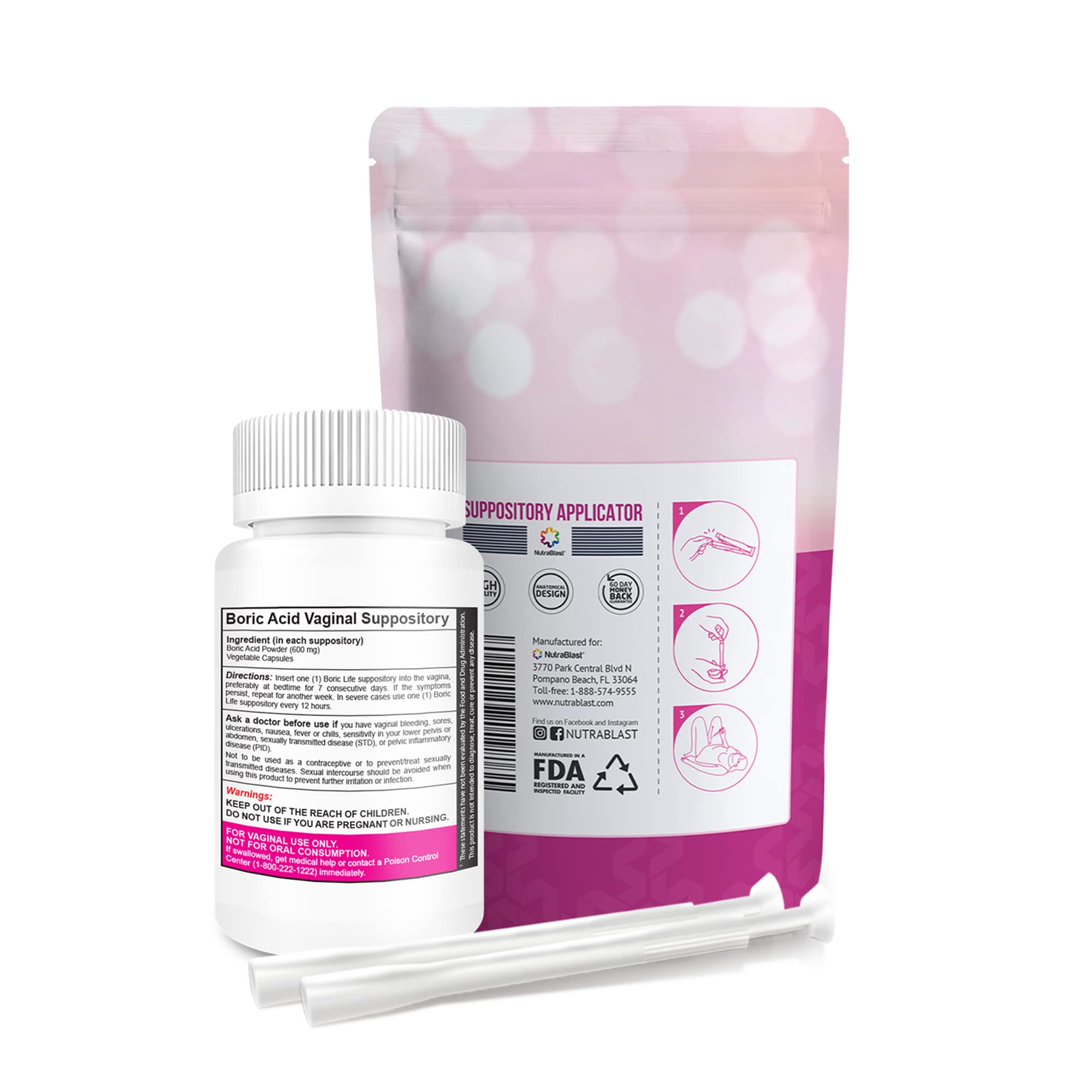 NutraBlast boric acid suppositories with applicator for easy bedtime insertion.