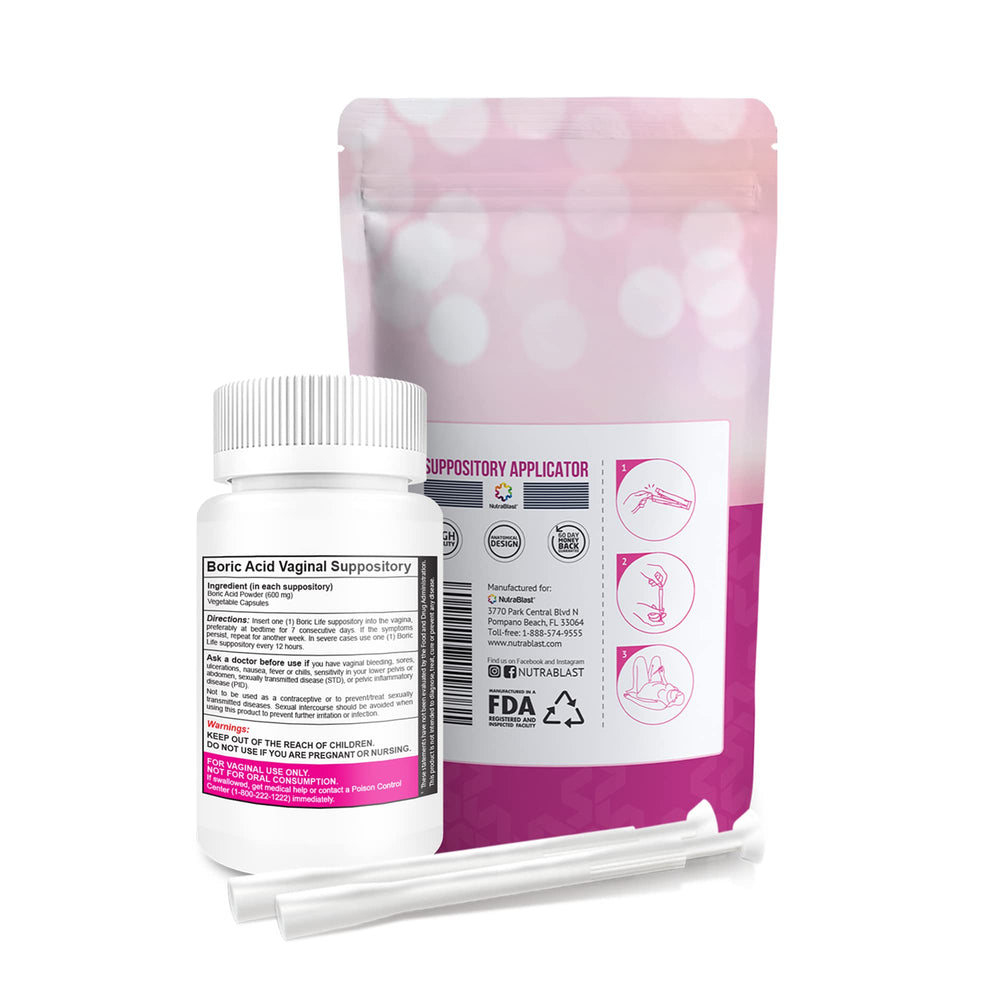 NutraBlast boric acid suppositories with applicator for easy bedtime insertion.