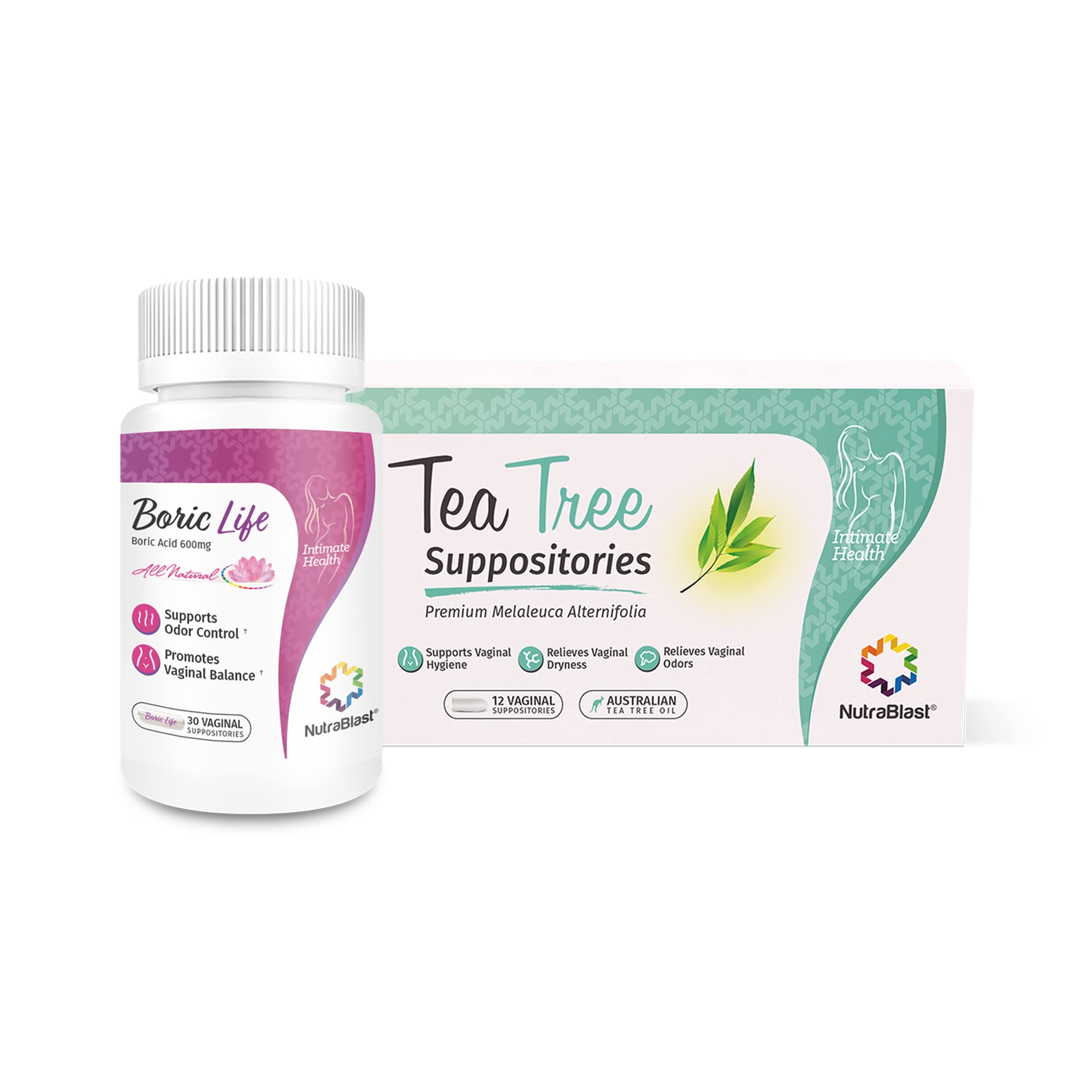 NutraBlast boric acid suppositories bundle packaging for daily intimate wellness.