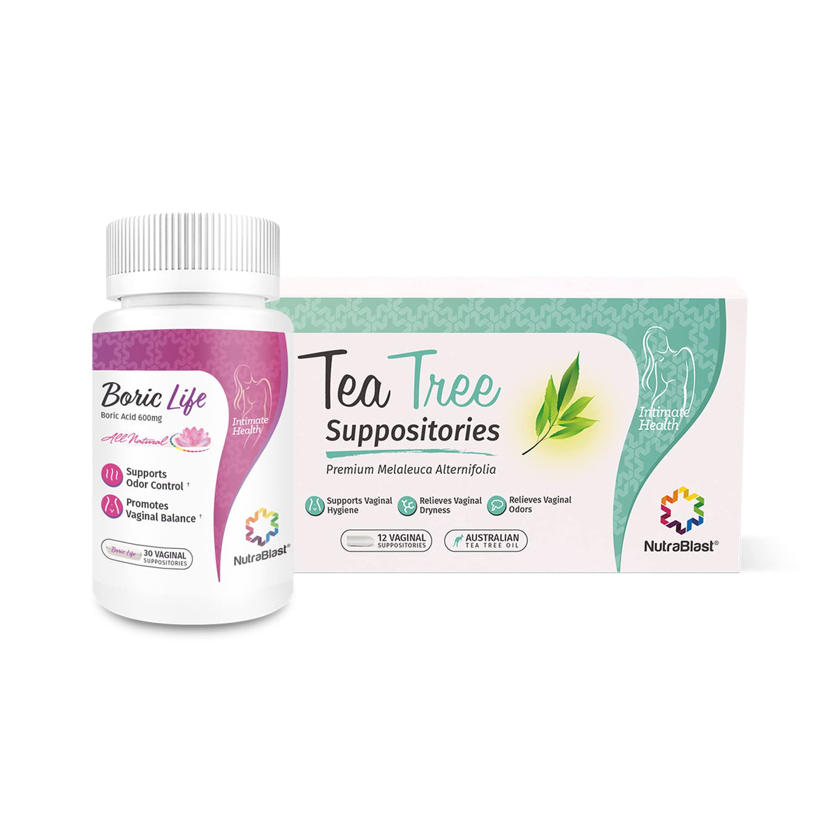 NutraBlast boric acid suppositories bundle packaging for daily intimate wellness.