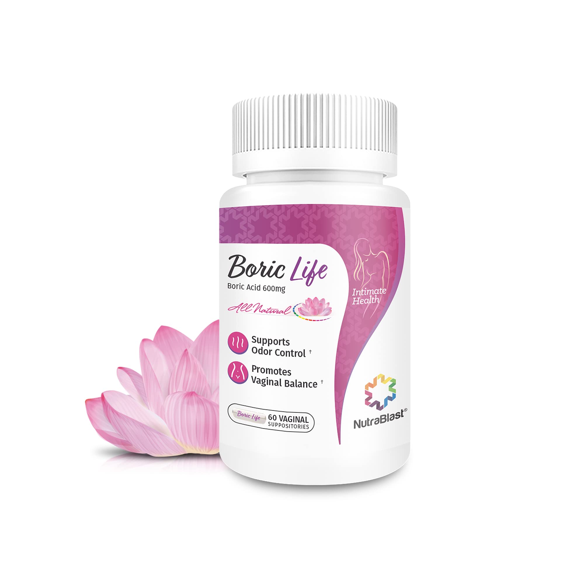 NutraBlast Boric Acid Vaginal Suppositories box front highlighting a 60-count package for daily use.