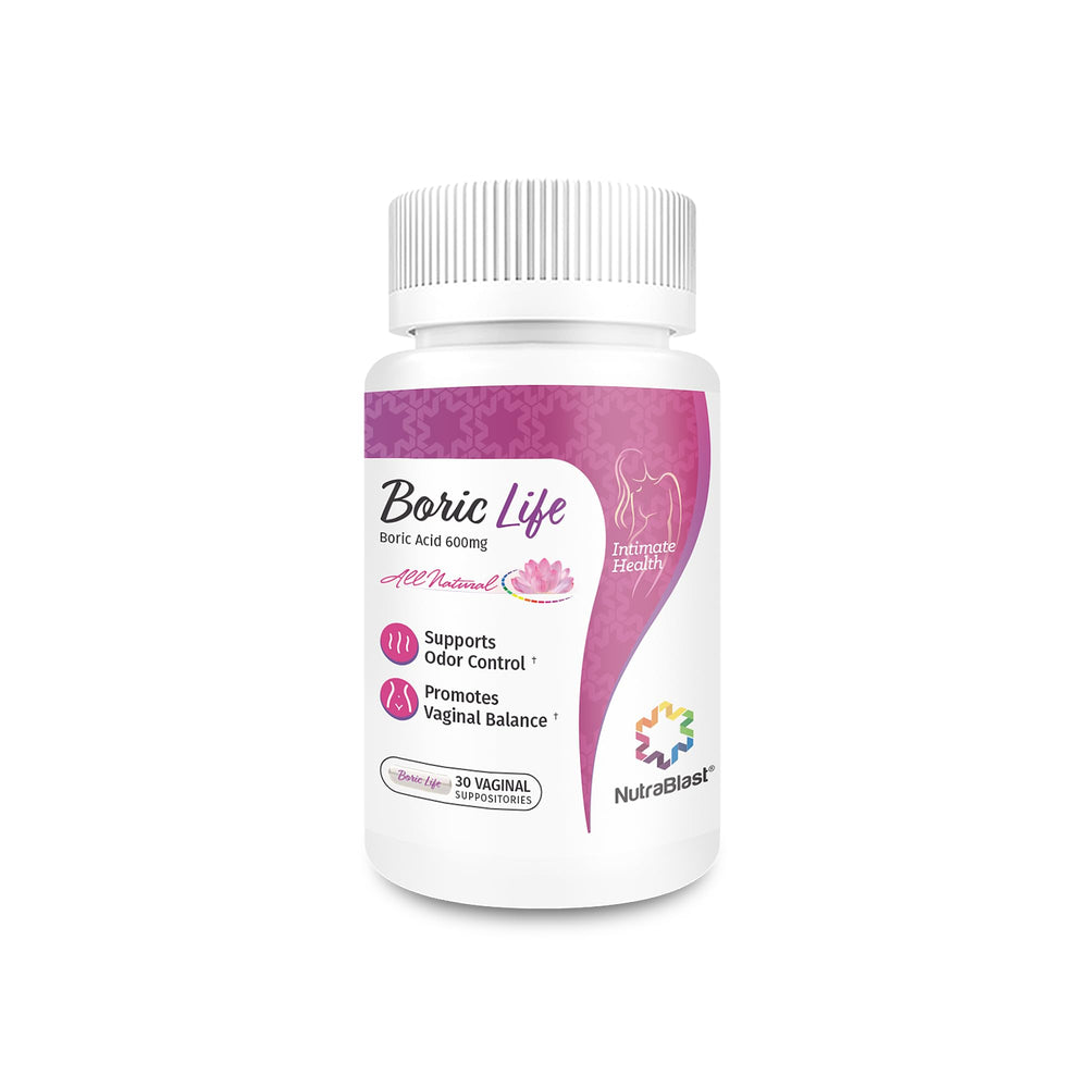 NutraBlast boric acid vaginal suppositories box front promoting gentle intimate balance.