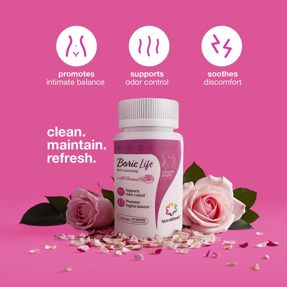 NutraBlast Boric Acid Vaginal Suppositories Made in USA label highlights quality.