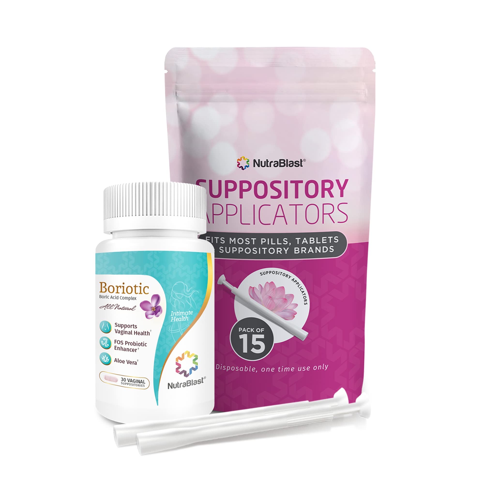 NutraBlast boric acid vaginal suppositories pack shot for balanced intimate health.