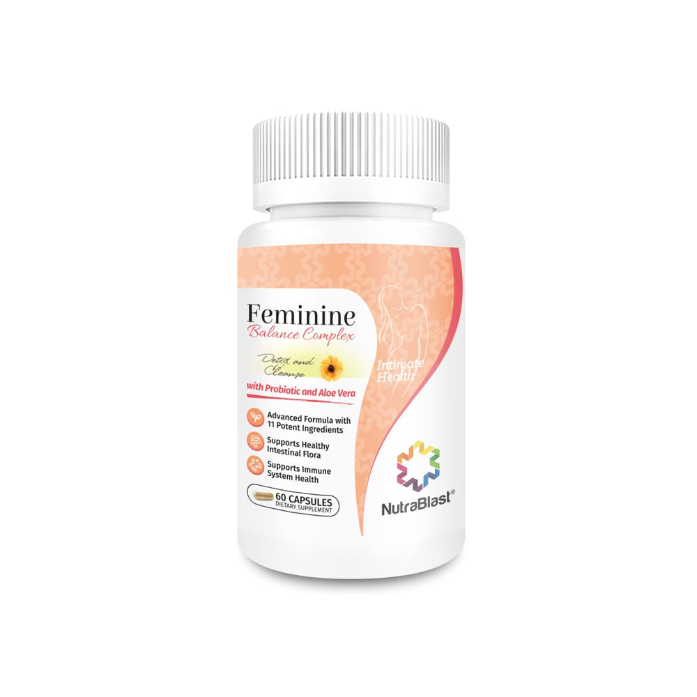 NutraBlast Feminine Balance Complex bottle front highlighting probiotic blend for gut health