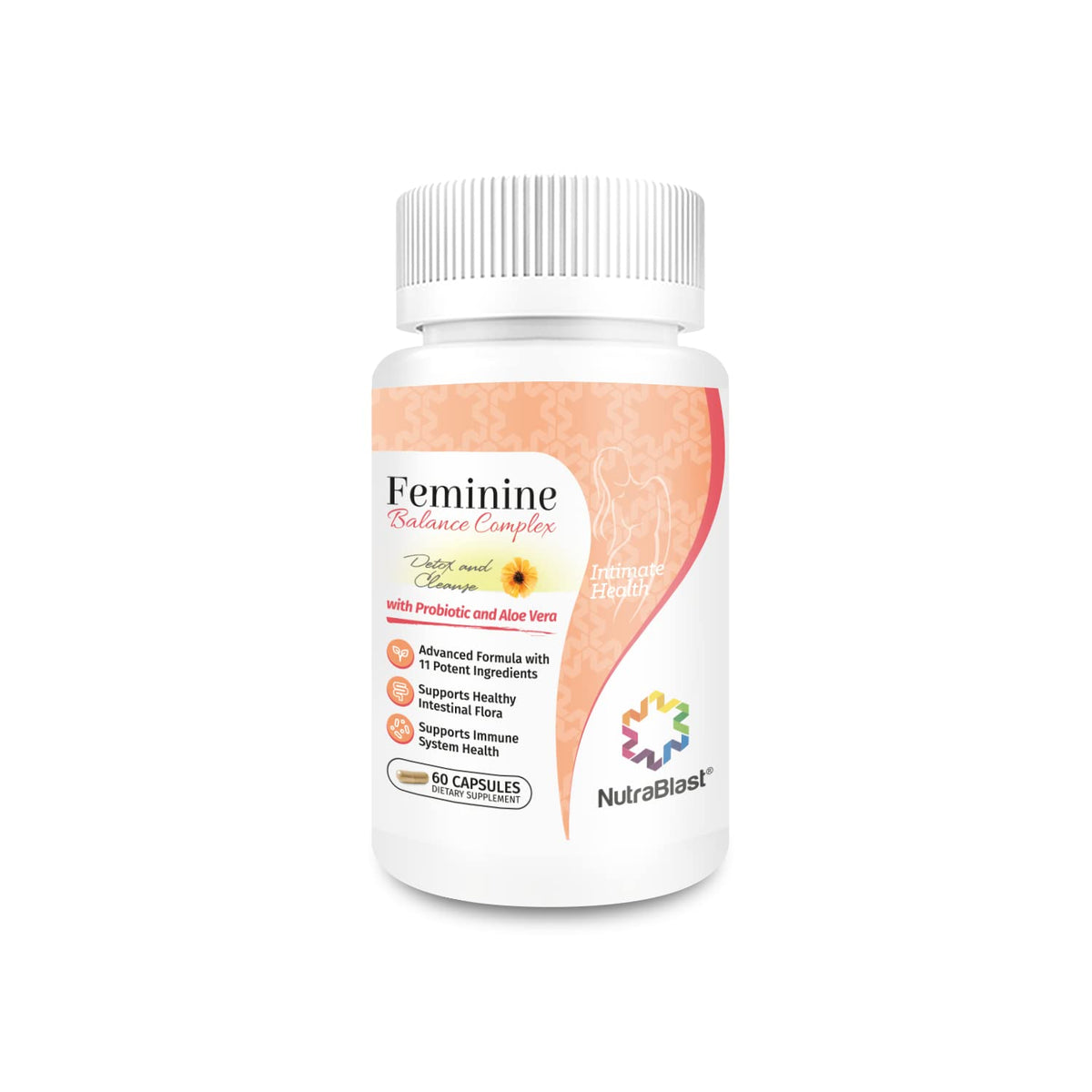 NutraBlast Feminine Balance Complex bottle front highlighting probiotic blend for gut health