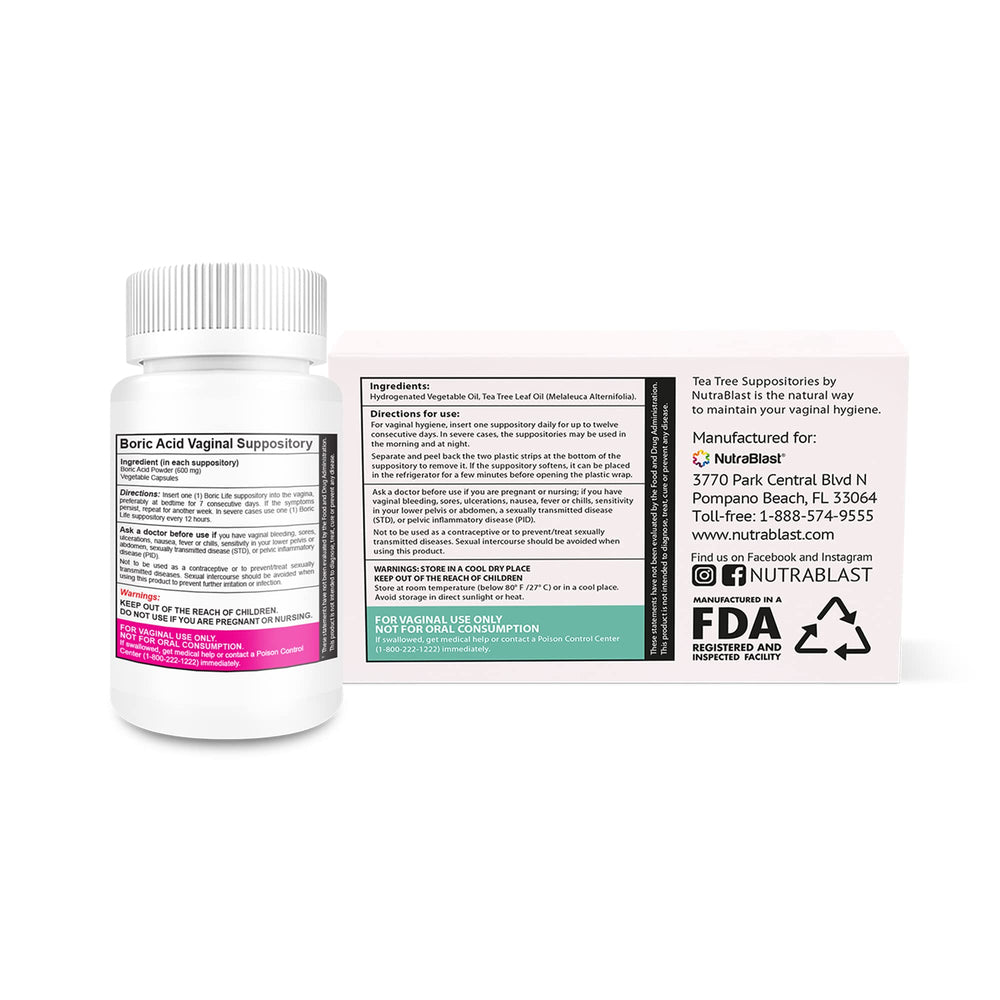 NutraBlast tea tree oil suppositories display suggesting soothing comfort.