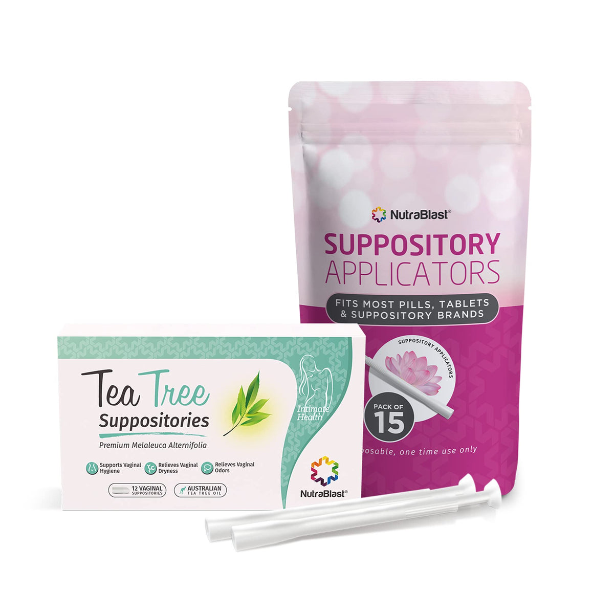 NutraBlast Tea Tree Oil Vaginal Suppositories bundle with applicators for daily intimate care.