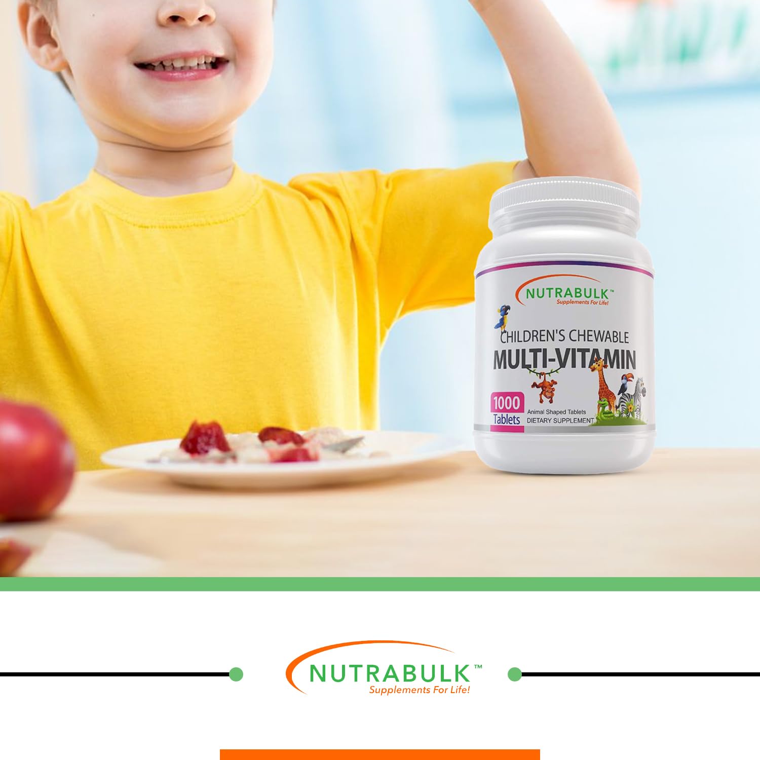 NutraBulk bottle closeup shows USA-made multivitamins for kids
