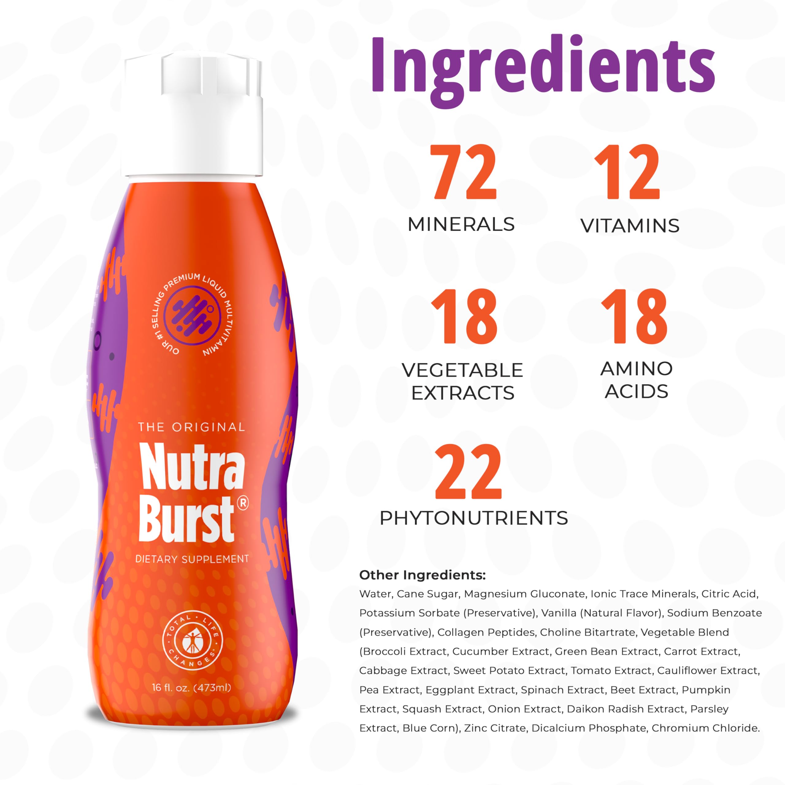 NutraBurst ingredient panel shows vitamins, minerals, amino acids