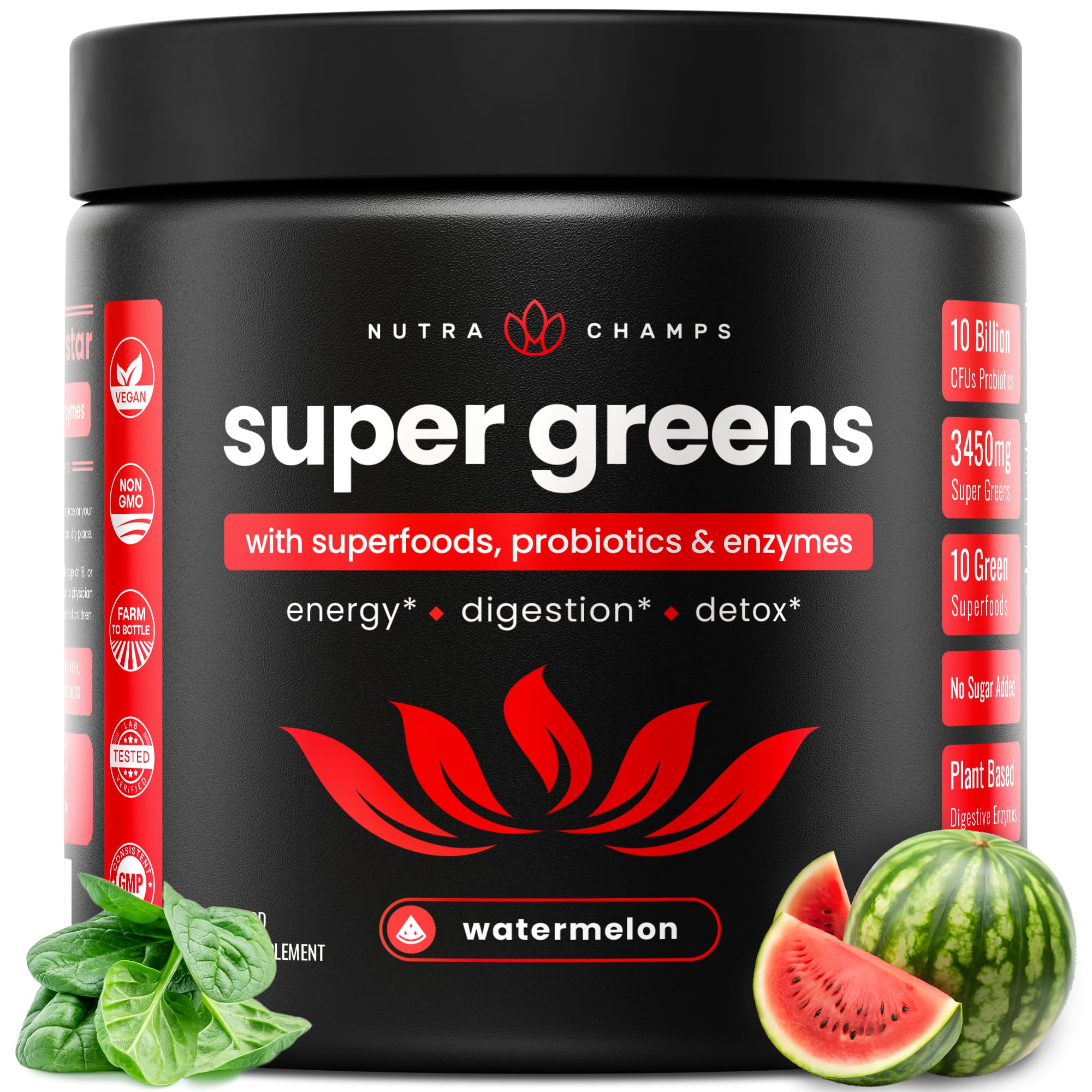NutraChamps Super Greens bottle with scoop for a quick daily nutrient boost.