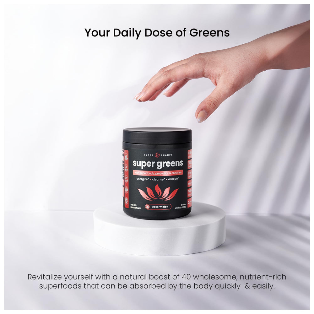 NutraChamps Super Greens powder close-up shows vibrant color and fine texture.