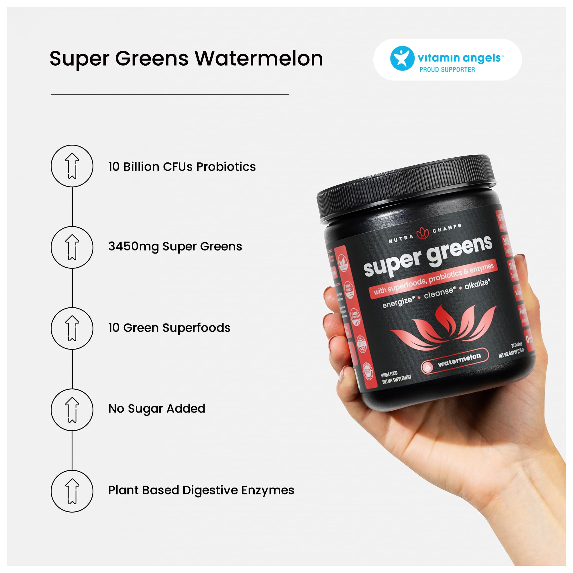 NutraChamps Super Greens on-the-go bottle for busy mornings.